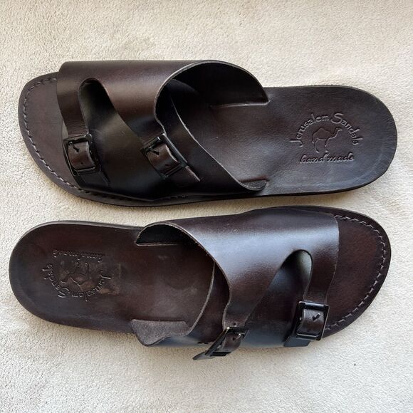 Jerusalem Dark Brown Stiff Leather Slide Sandal Men EU 47 US 13.5-14 Double Monk - Picture 2 of 15